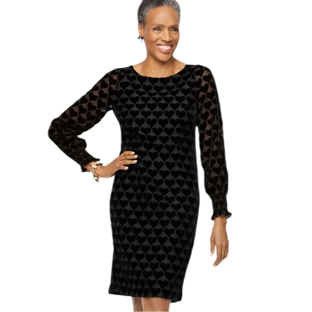 Talbots black heart velvet burnout a-line dress with smocked cuff & bow detail